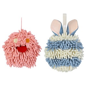 REGALWOVEN 2 Packs Fluffy Chenille Rabbit Shape Cute Soft Absorbent Hanging Ball Hand Towels 7" x 7" - 1 of 4