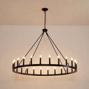 BAOURE Black Wagon Wheel Chandelier, 48-Inch Large Farmhouse Industrial Chandelier Round Rustic Pendant Light Fixture for High Ceilings - 1 of 4