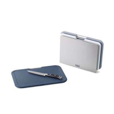 Gray and Blue Plastic 3-Piece Cutting Board Set with Stand