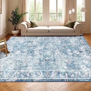 Boho Vintage Floral Area Rug, Washable Non-Slip Indoor Foldable Carpet, Stain-Resistant Distressed Print Mat for Living Room, Bedroom, Kitchen - 1 of 4