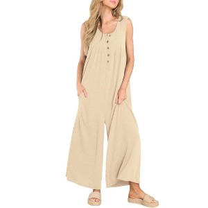 Coolmee Womens Knit Jumpsuit Casual Wide Leg Oversized Long Rompers Crewneck Button Front Loose Overalls with Pockets - 1 of 4