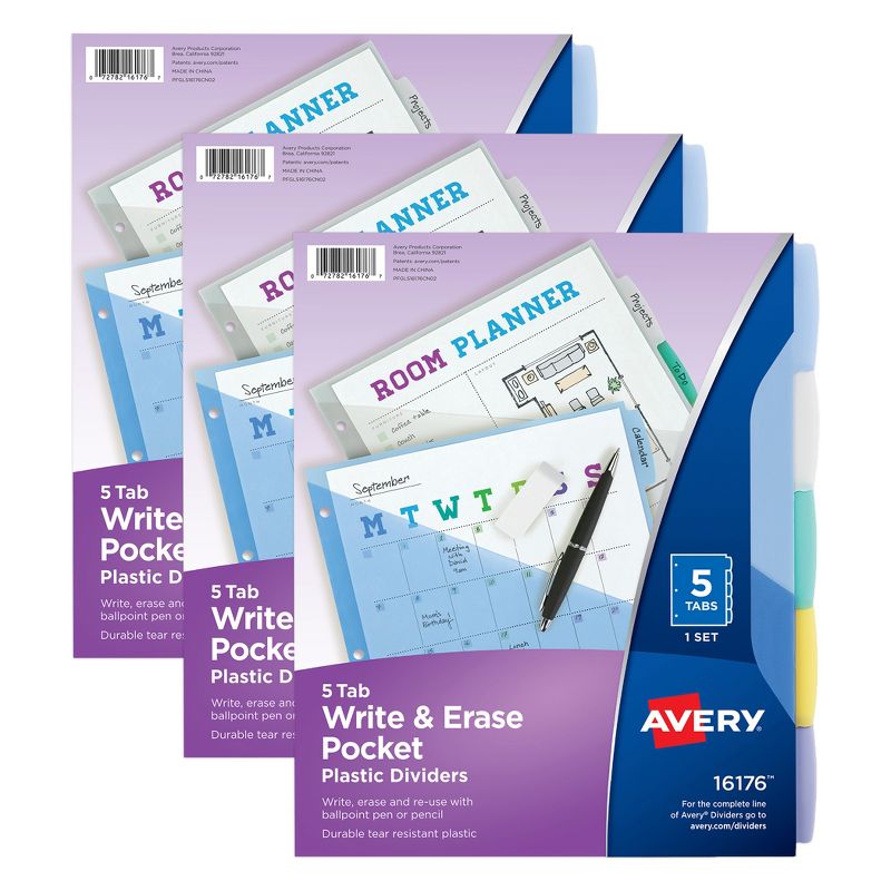 Avery® Write & Erase Durable Plastic Dividers with Pockets, 5-Tab Set, Multicolor, 3 Sets, 1 of 10
