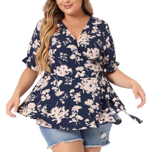 Plus Size Floral Ruffle 3/4 Sleeve Blouse