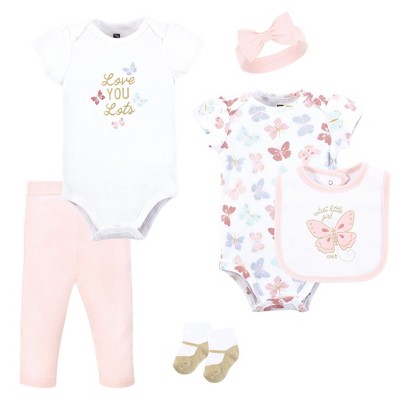 Hudson Baby Infant Girl Cotton Layette Set, Gold Pastel Butterfly