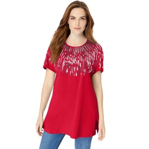 Roaman's Women's Plus Size Embellished Tunic With Side Slits - 1 of 4