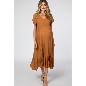 PinkBlush Camel Smocked V-Neck Maternity Midi Dress - 1 of 4