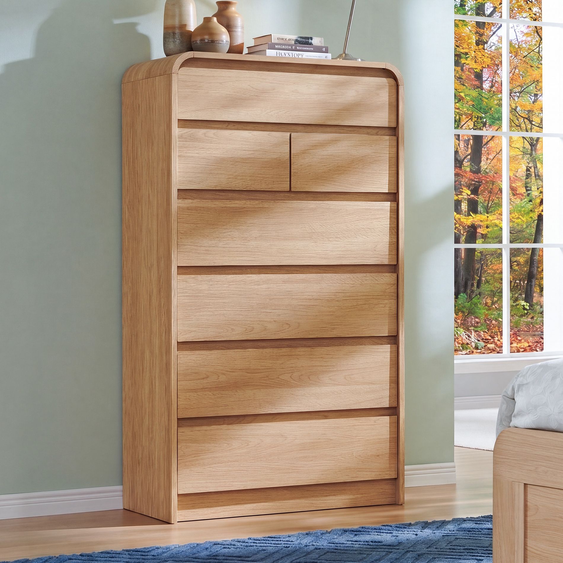 7 Drawers Dresser for Bedroom, Modern Dressers & Chests of Drawers with Curved Profile Design, Wooden Dresser for Living Room, Natural