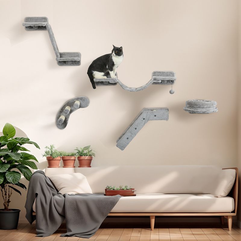 PawHut 5PCs Cat Wall Shelves, Cat Wall Furniture with Steps, Perches, Ladders, Platforms, Wall Mounted Cat Furniture with Soft Plush, Sisal, Gray, 3 of 7
