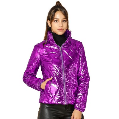 Allegra K Women s Holographic Shiny Zipper Metallic Down Puffer