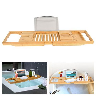 Extendable Natural Bamboo Bathtub Caddy Tray with Wine Holder