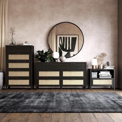 Black Oak and Faux Rattan 1-Drawer Nightstand with Steel Handle