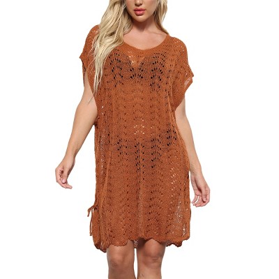 Cover Ups for Womens Bathing Suits Pointelle Knit Cap Sleeve Crochet Knit Bikini Sets Cover Up Dress with Thigh Slit Side Tie Beach Dress