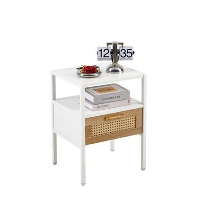 FONTOI 15.75" Rattan End Table with Drawer, Side Table for Living Room Bedroom Home, White, 15.75"*21.26"*13.78"