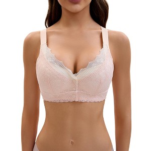 INSPIRE CHIC Front Closure for Women's Lace Full Coverage V Neck Wirefree Adjustable Straps Soft Bras - 1 of 4