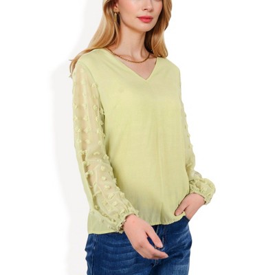 Anna-Kaci Women's Sheer Sleeve V-Neck Blouse with Delicate Dot Embroidery for Casual Looks