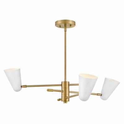 Lacquered Brass and White 30" 3-Light Chandelier