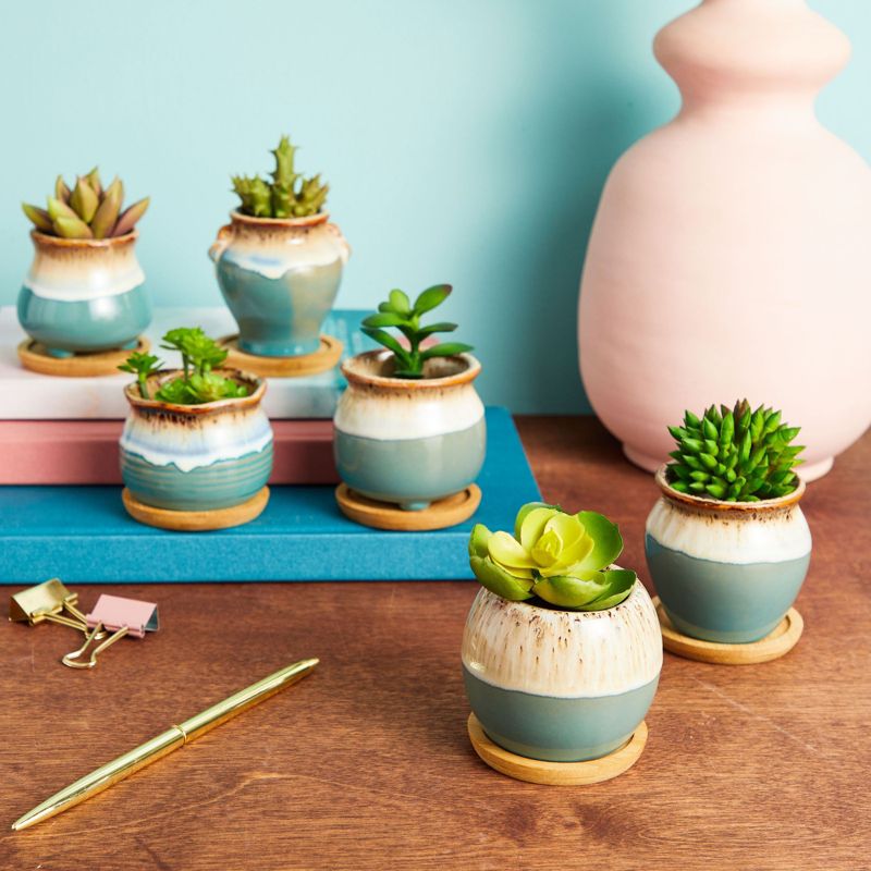 Okuna Outpost 6 Pack Small Ceramic Succulent Pots with Drainage Tray for Plants, 2 Inches, 2 of 7