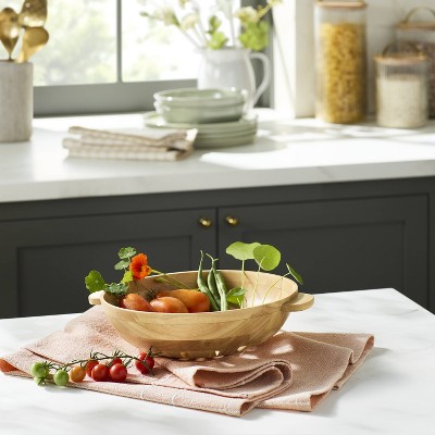 Natural Light Brown Wooden Harvest Bowl with Handles