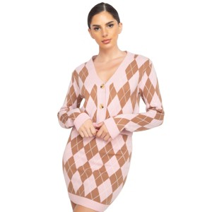 Slickblue Button-Front Cardigan With Diamond Pattern , Sweater , Fashion Layering Look , Pink and Mocha , S / M - 1 of 4