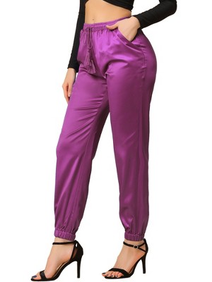 Unique Bargains Women's Drawstring Elastic High Waist Satin Cargo Pants 