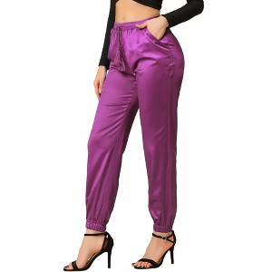 INSPIRE CHIC Women's Drawstring Elastic Waist Ankle Length Satin Joggers Pants with Pocket - 1 of 4