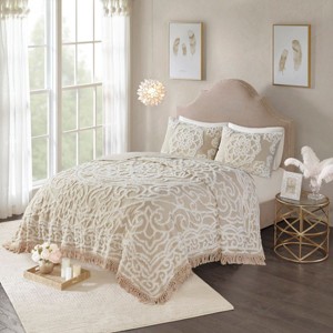 Sapphtopaz Duvet Cover Set Boho Tufted Chenille Medallion Embroidery Fringe Bedding Duvet Cover, Pillow Shams - 1 of 4