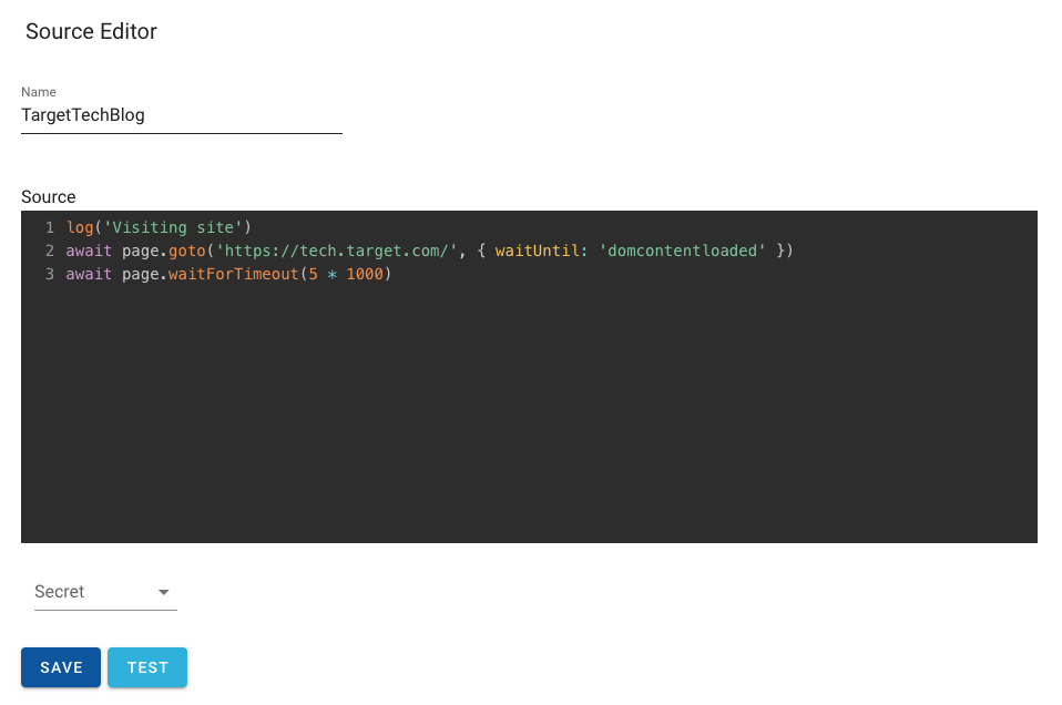 screenshot of source editor showing a TargetTechBlog log "visiting site" 