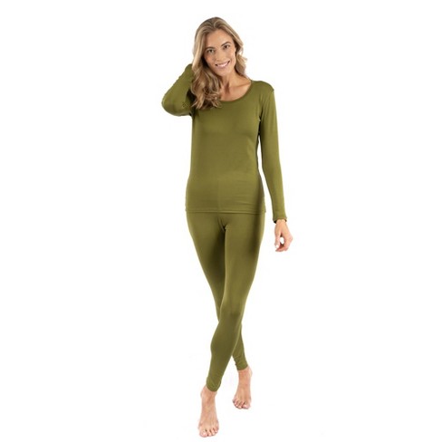 Leveret Womens Two Piece Thermal Pajamas Solid Olive S