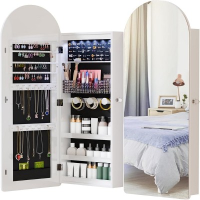 GlasFlength Full Length Mirrors Lockable Arched Jewelry Full-Length Mirror Cabinet 2 Drawers for Living Room, White, 15.7"*3.94"*42.5"