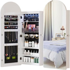 GlasFlength Full Length Mirrors Lockable Arched Jewelry Full-Length Mirror Cabinet 2 Drawers for Living Room, White, 15.7"*3.94"*42.5" - 1 of 4