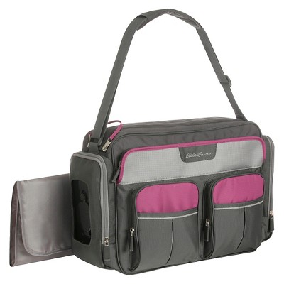 pink and gray diaper bag