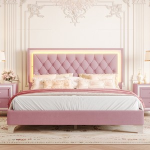 TIRAMISUBEST Full/Queen Size Upholstered Bed Frame with LED Lights, Modern Velvet Platform Bed with Tufted Headboard - 1 of 4