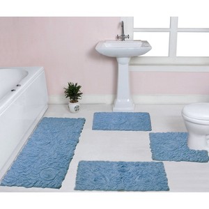 Bell Flower Collection Bath Rugs, Extra Soft and Absorbent, Non-Slip Bath Mats, Machine Washable Bathroom Mats, 4 Pcs Set with Contour, Sky Blue - 1 of 4