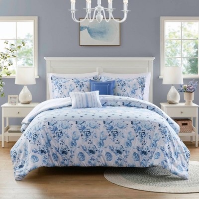 Intelligent Design Twin/Twin XL Lena Floral Striped Comforter Set Blue: Hypoallergenic Dorm Bedding, OEKO-TEX Certified — фото 2