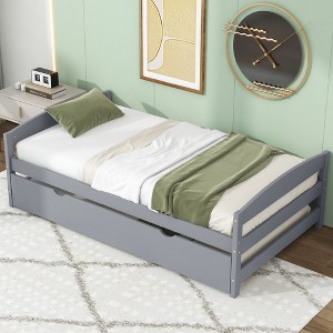 SeaCamel White Twin Size Wood Platform Bed with Guardrail & 2 Storage Drawers - No Box Spring Needed, Sturdy Slat Support for Bedroom, Kids Room - 1 of 4