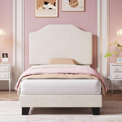 Twin Bed Frame with Adjustable Velvet Headboard, Sturdy Metal & Wood Slat Support, Low-Profile Design for Kids