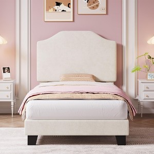 Twin Bed Frame with Adjustable Velvet Headboard, Sturdy Metal & Wood Slat Support, Low-Profile Design for Kids - 1 of 4