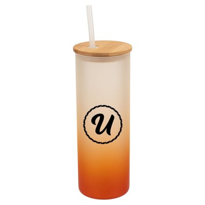Elanze Designs U Monogram Letter Initial Rope Circle Wrap-Around Design 25 Ounce Frosted Gradient Glass On-The-Go Coffee Travel Skinny Tumbler Mug