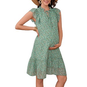 Women's Maternity Mini Dress Summer V Neck Flutter Sleeve Boho Floral Flowy Babydoll Shift Short Dress - 1 of 4