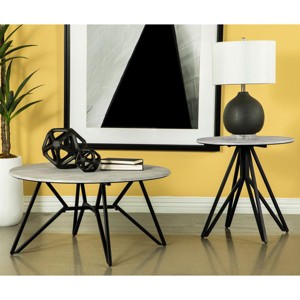 36" Modern Cement Look Round Coffee and End Table Set with Black Geometric Metal Legs for Living Room -3irtyhousy - 1 of 4