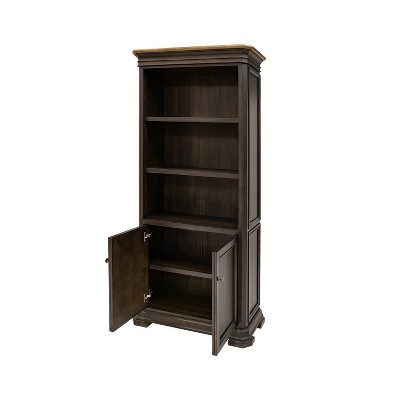 78" Brown Wood Bookcase with Doors and Adjustable Shelves