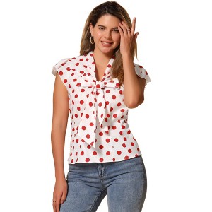 INSPIRE CHIC Women's Polka Dots Tie V Neck Flutter Cap Sleeve Blouse - 1 of 4