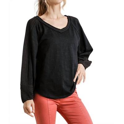 Women's Contrast Knit Puff Sleeve Top - umgee