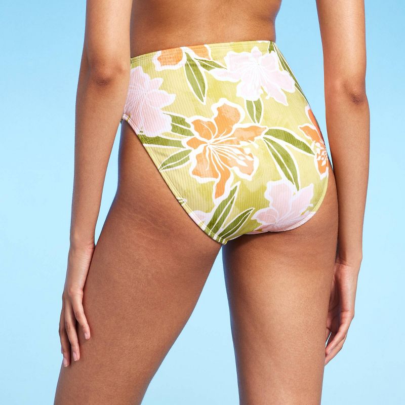 Women's Ribbed High Waist High Leg Medium Coverage Bikini Bottom - Shade & Shore™ Lime Green Floral Print, 3 of 7