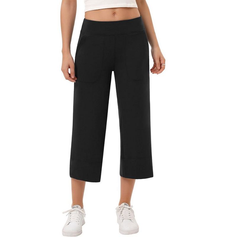 Wide Leg Capri Pants for Women Pull on Loose Lounge Yoga Workout Elastic Waist Cropped Pants with Pockets, 4 of 8