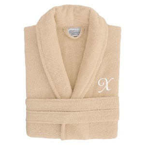 Linum Home Textiles 100% Turkish Cotton Unisex Personalized Terry Bathrobe Beige in White Script Font - 1 of 3