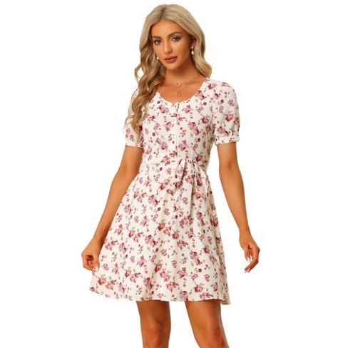 Allegra K Women's Floral Round Neck Button Down Tie Waist Puff Sleeves  Casual Mini Dresses : Target