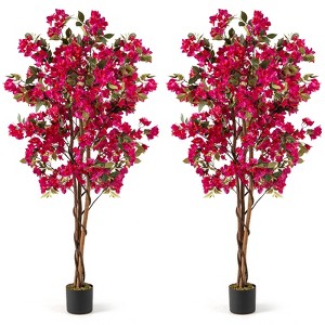 Tangkula 6 FT Artificial Bougainvillea Tree Set of 2 Tall Faux Pre-potted Tree w/ 910 Flowers - 1 of 4