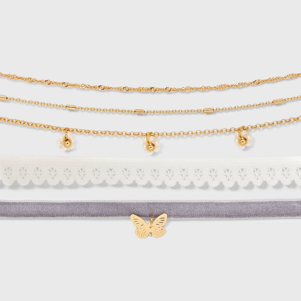 Beaded Flower and Butterfly Charm Choker Necklace Set 5pc - Wild Fable™ Gold