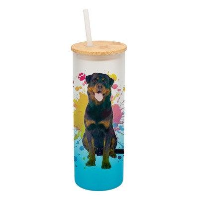 100 North 25 Ounce Frosted Glass Gradient Travel Tumbler With Straw & Wooden Lid, Rottweiler Dog Paint Splatter Sky Blue